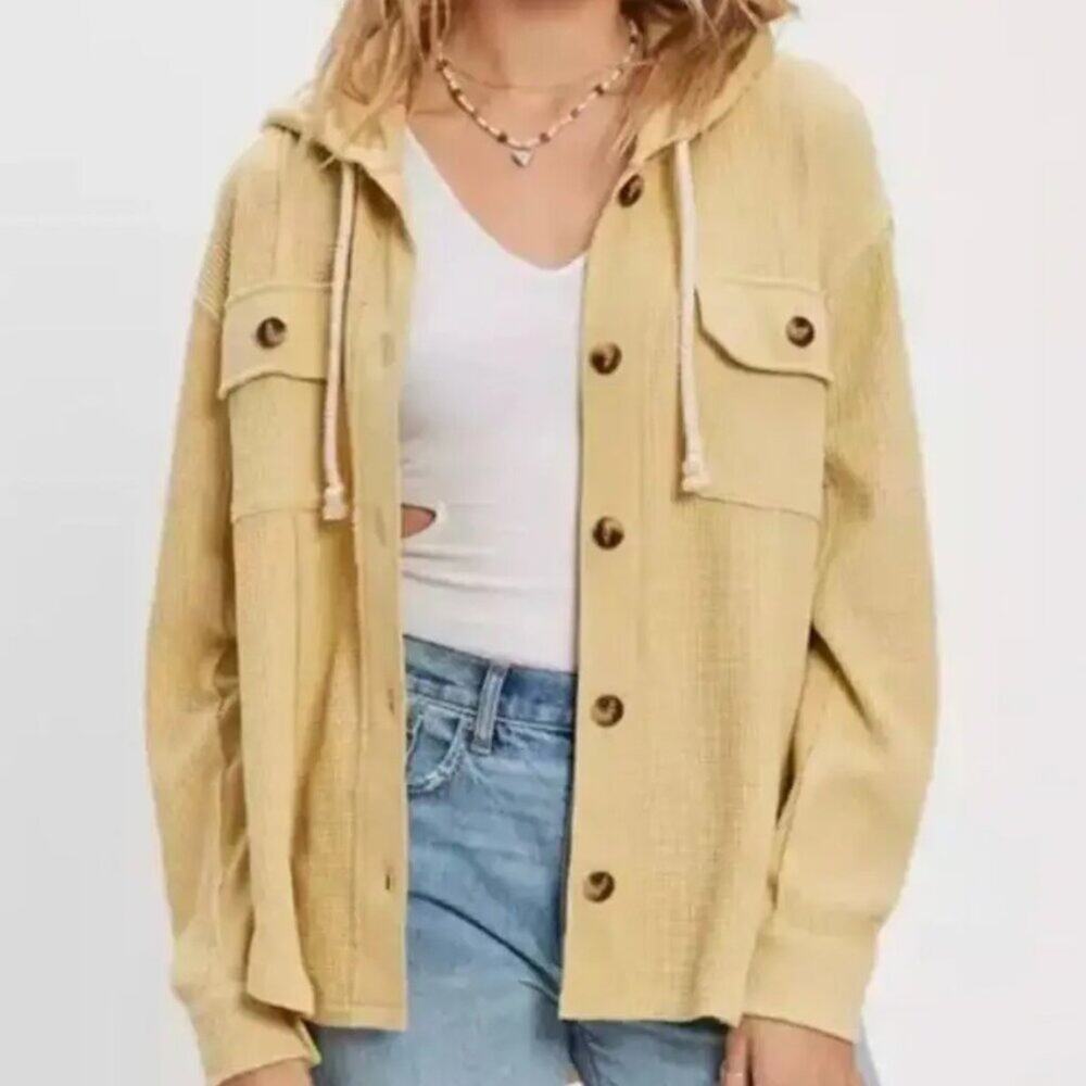 Aerie Waffle Button Hoodie Shacket Sweater - Picture 2 of 8